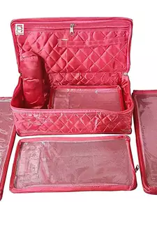 atorakushon   Satin Combo Makeup Pouch Necklace Jewellery Wardrobe Organizer Vanity Travel Kit Bag For Women's (Pink)