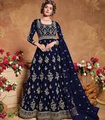 Blue Soft Net Anarkali Gwon Style Suit with Heavy Embroidey and Rich Look