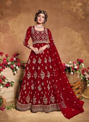 Red Soft Net Anarkali Gwon Style Suit with Heavy Embroidey and Rich Look 1