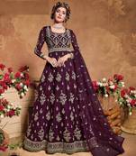 Purple Soft Net Anarkali Gwon Style Suit with Heavy Embroidey and Rich Look