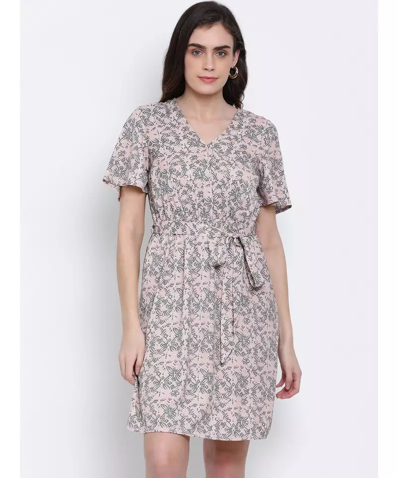 printed Pink Polyester   Dress