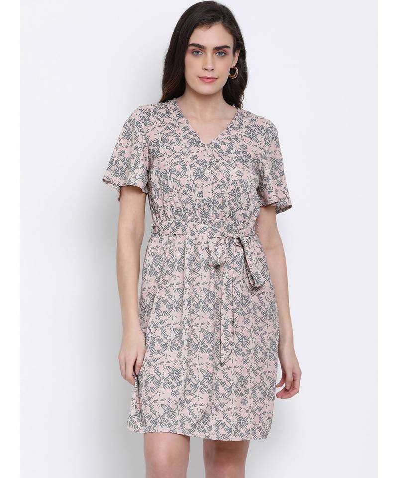 printed Pink Polyester   Dress