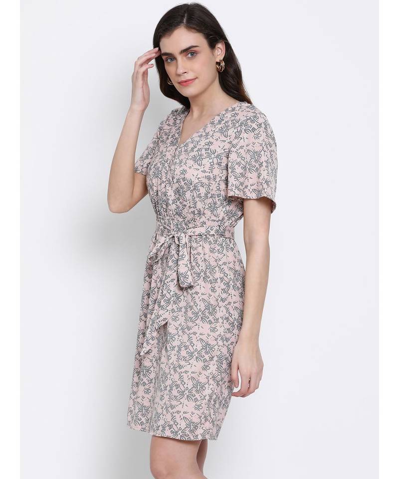 printed Pink Polyester   Dress