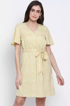 printed Yellow Polyester   Dress