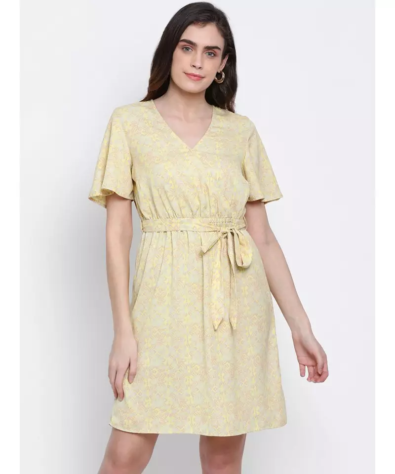 printed Yellow Polyester   Dress