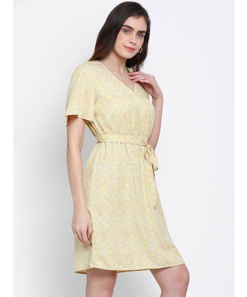 printed Yellow Polyester   Dress