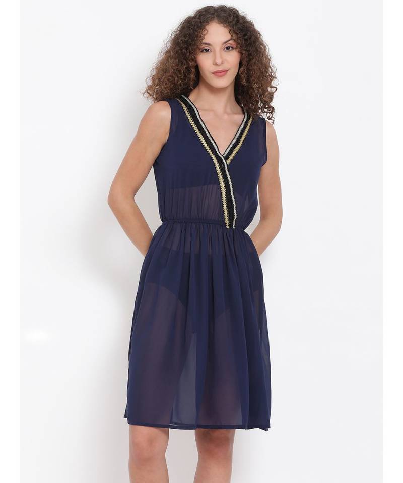 plain blue Polyester   Dress