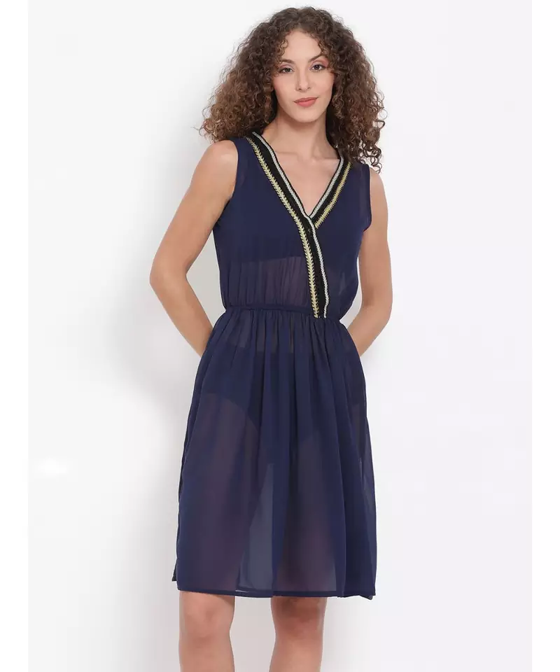 plain blue Polyester   Dress