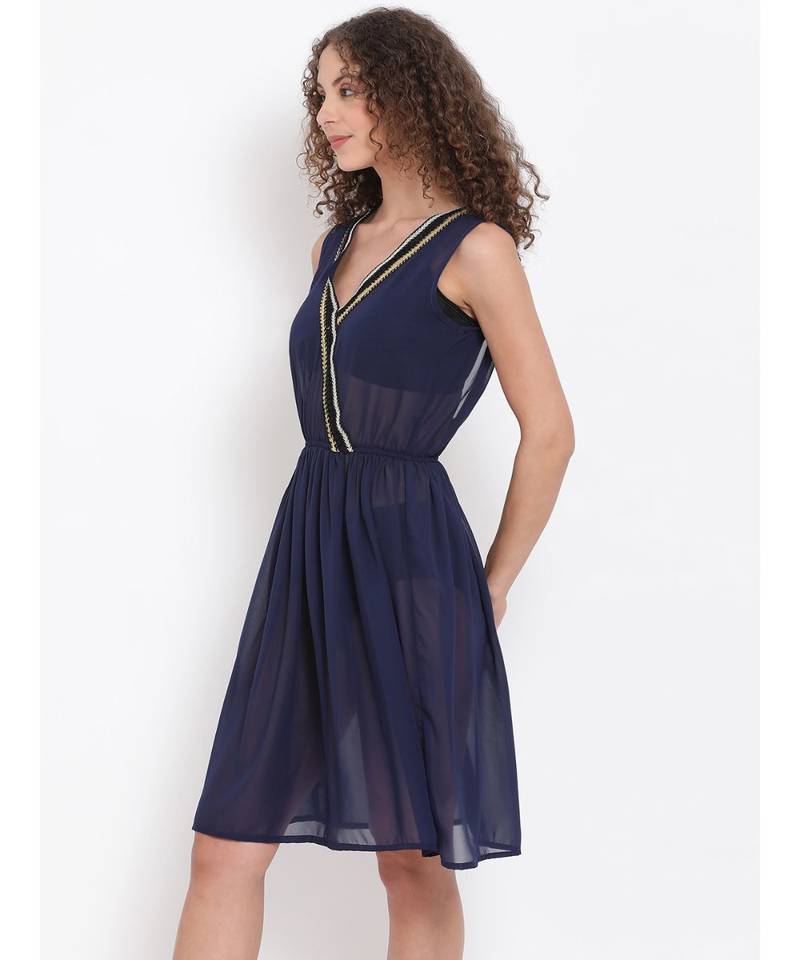 plain blue Polyester   Dress