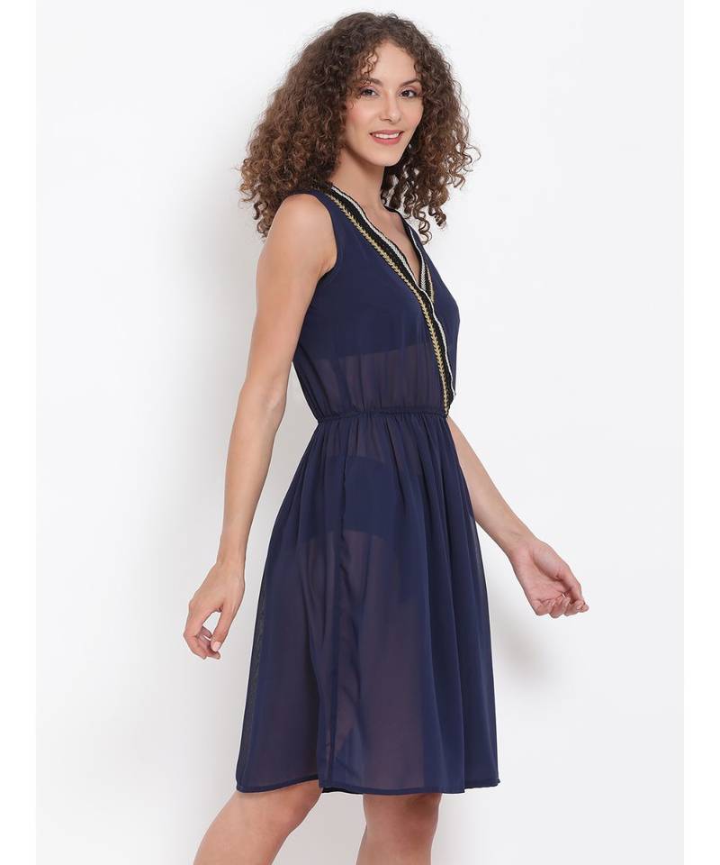 plain blue Polyester   Dress