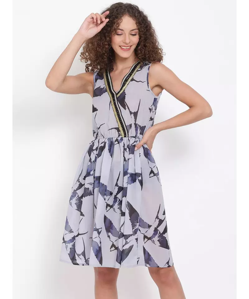 printed Grey Polyester   Dress