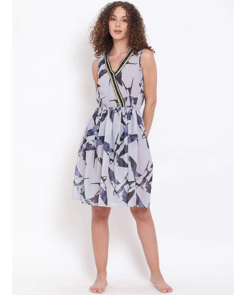 printed Grey Polyester   Dress