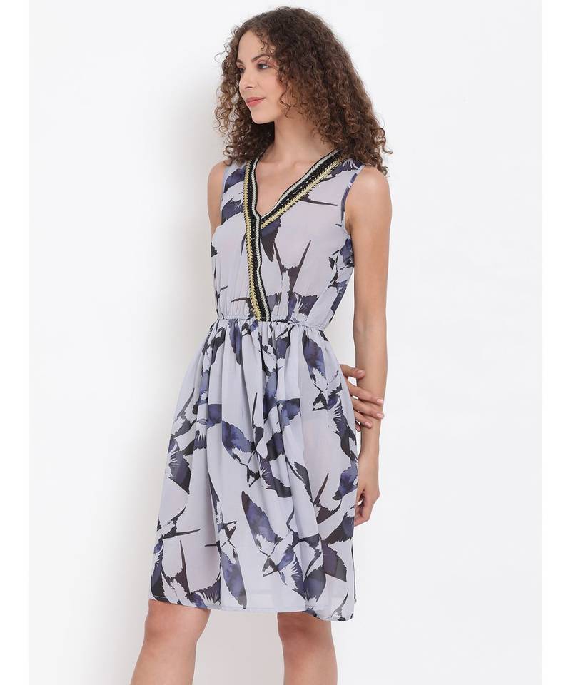 printed Grey Polyester   Dress