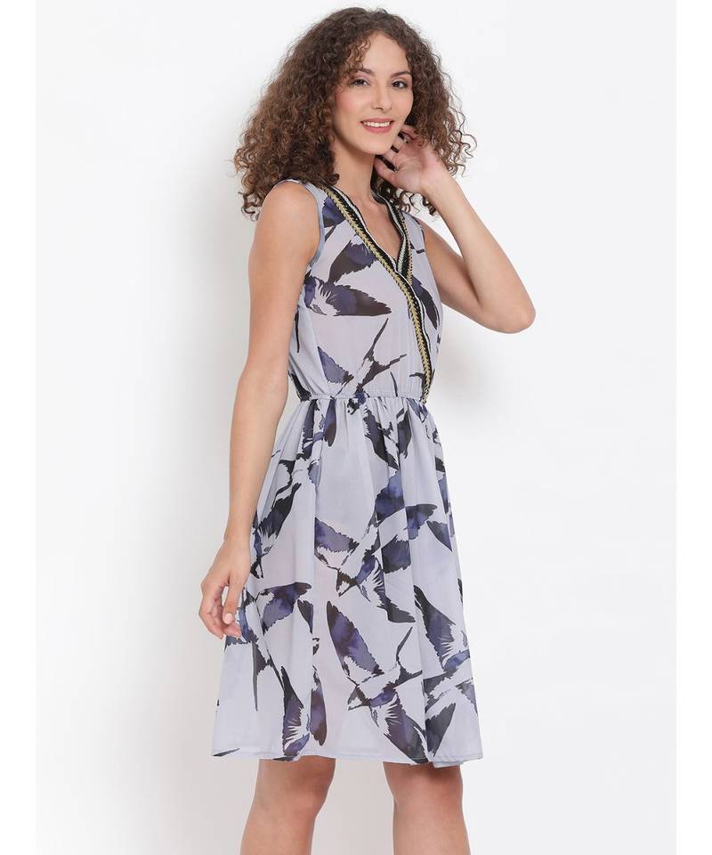 printed Grey Polyester   Dress