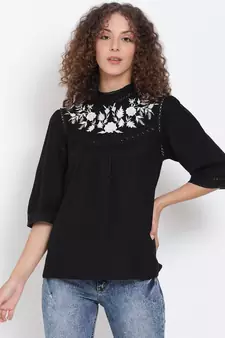 embroidered Black Cotton   Top