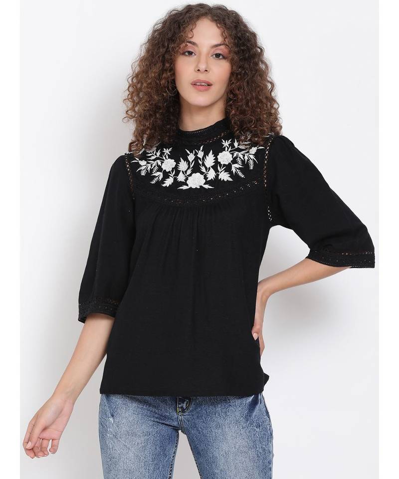 embroidered Black Cotton   Top