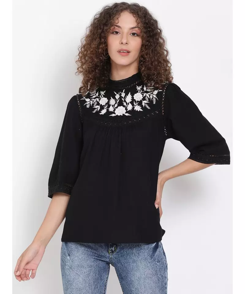 embroidered Black Cotton   Top