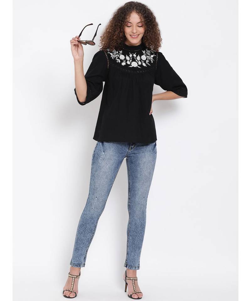 embroidered Black Cotton   Top