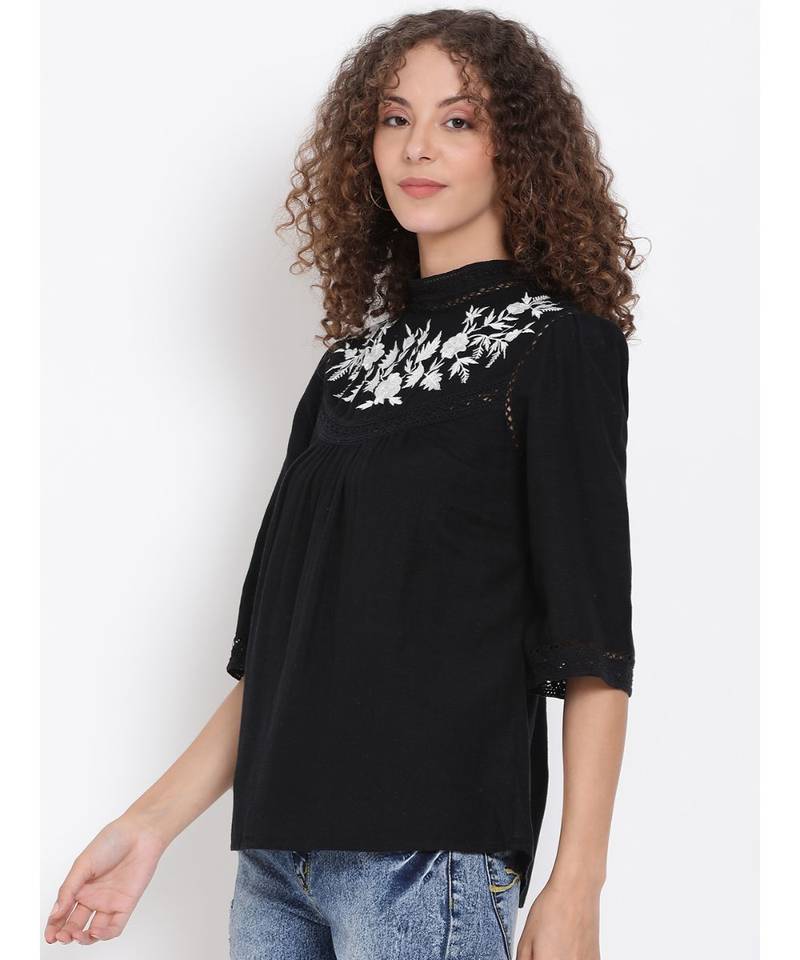 embroidered Black Cotton   Top
