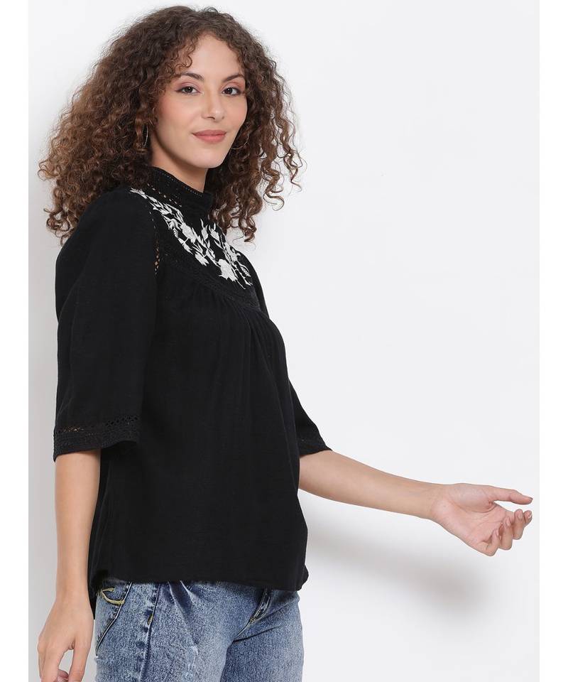 embroidered Black Cotton   Top