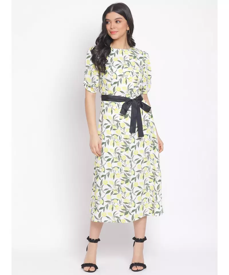 printed White Polyester   Dress