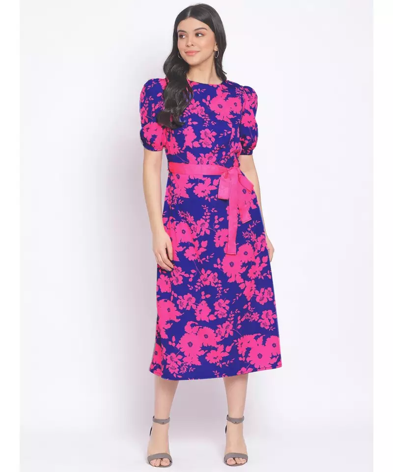 printed blue Polyester   Dress