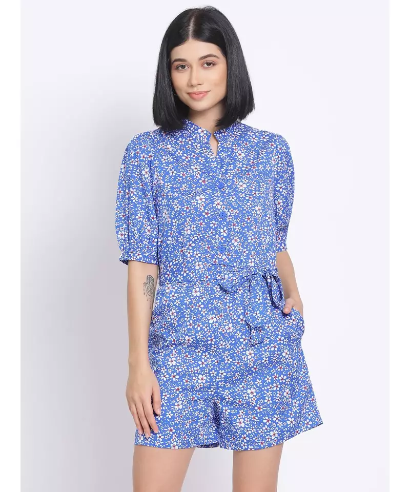 printed Blue Polyester   Jumpsuit