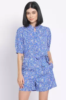 printed Blue Polyester   Jumpsuit