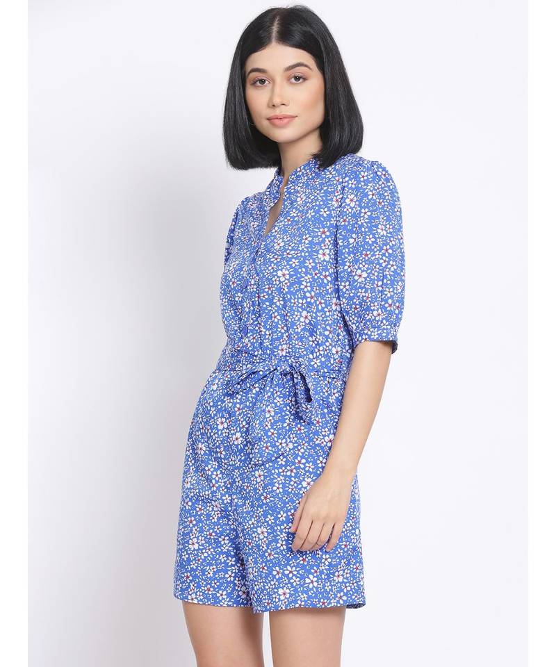 printed Blue Polyester   Jumpsuit