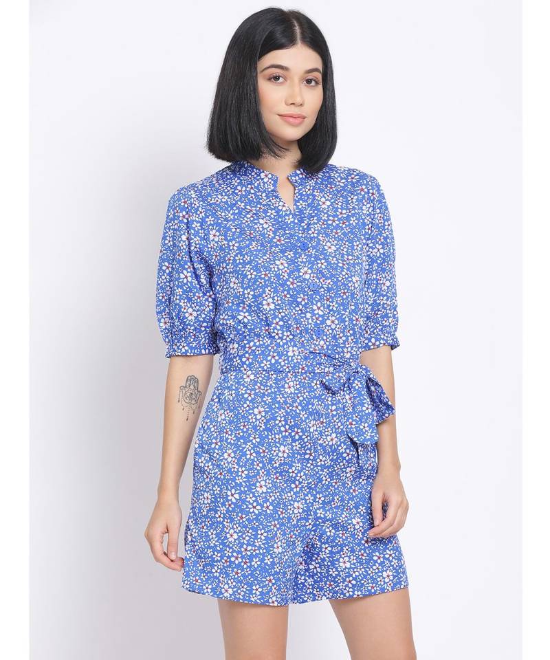 printed Blue Polyester   Jumpsuit