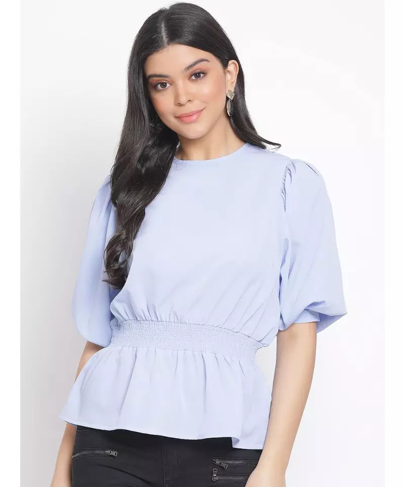 plain Blue Polyester   Top