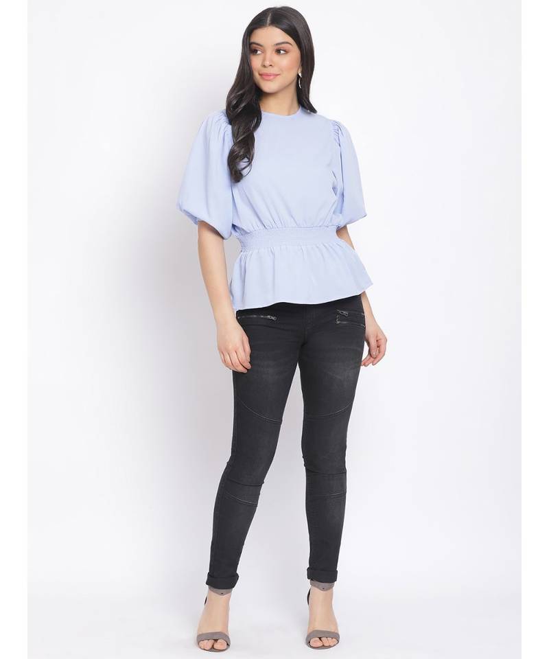 plain Blue Polyester   Top