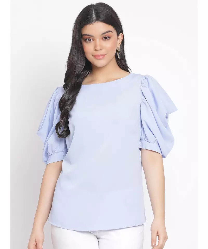 plain Blue Polyester   Top
