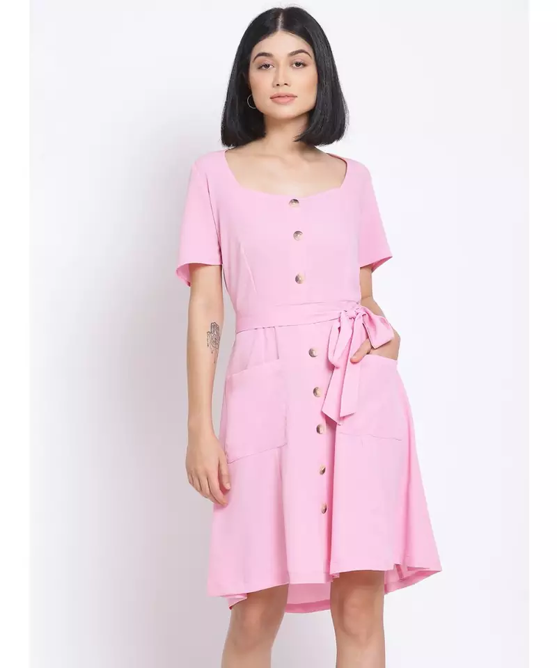 plain Pink Polyester   Dress
