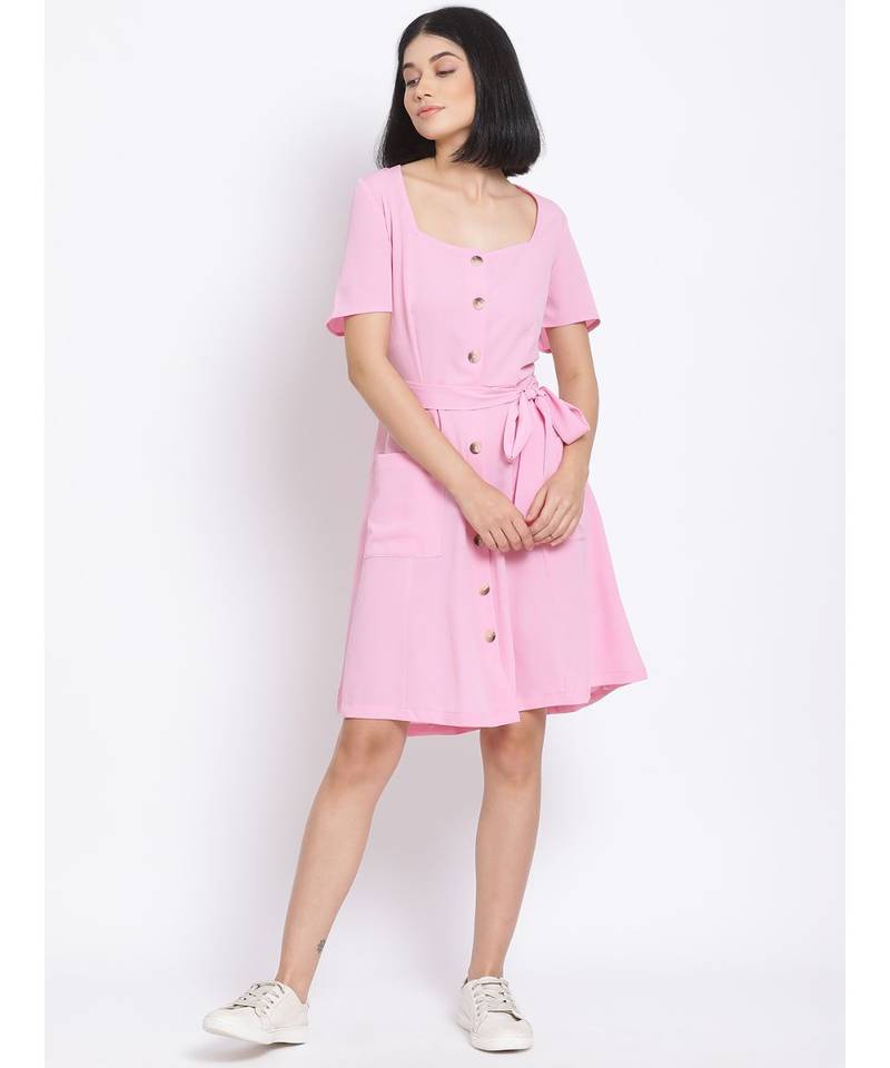 plain Pink Polyester   Dress