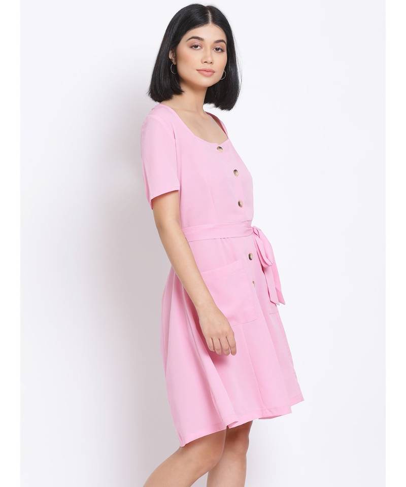 plain Pink Polyester   Dress