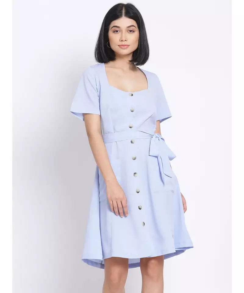 plain Blue Polyester   Dress