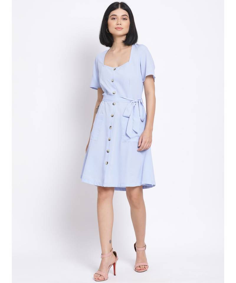plain Blue Polyester   Dress