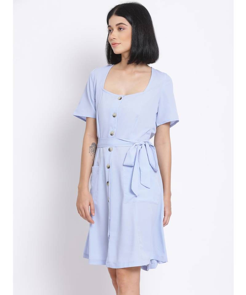 plain Blue Polyester   Dress