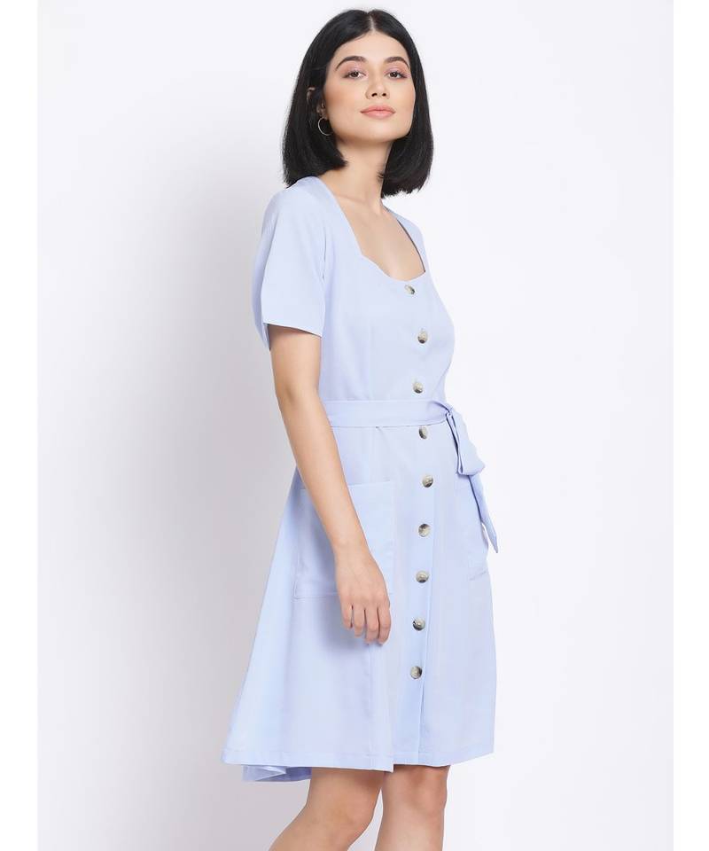 plain Blue Polyester   Dress