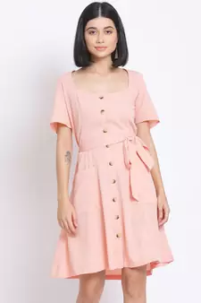 plain Peach Polyester   Dress