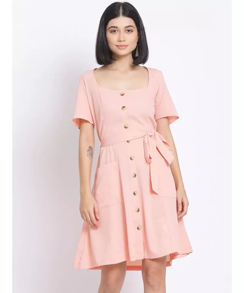 plain Peach Polyester   Dress