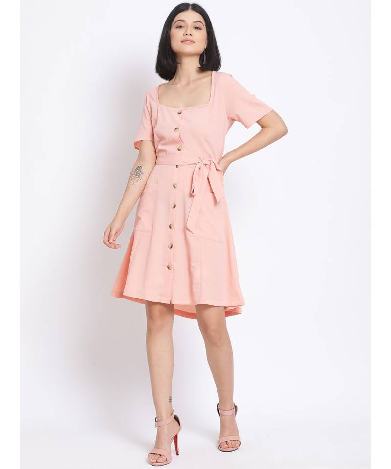 plain Peach Polyester   Dress