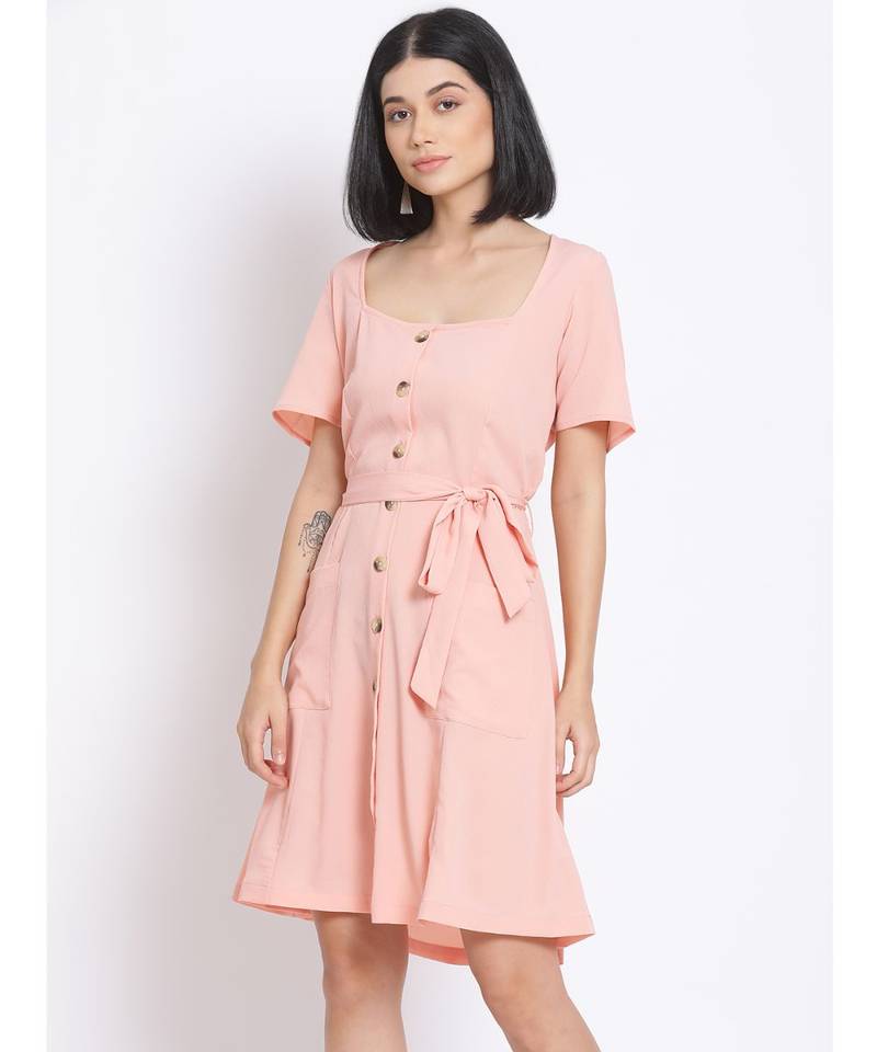 plain Peach Polyester   Dress