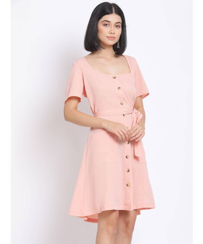 plain Peach Polyester   Dress