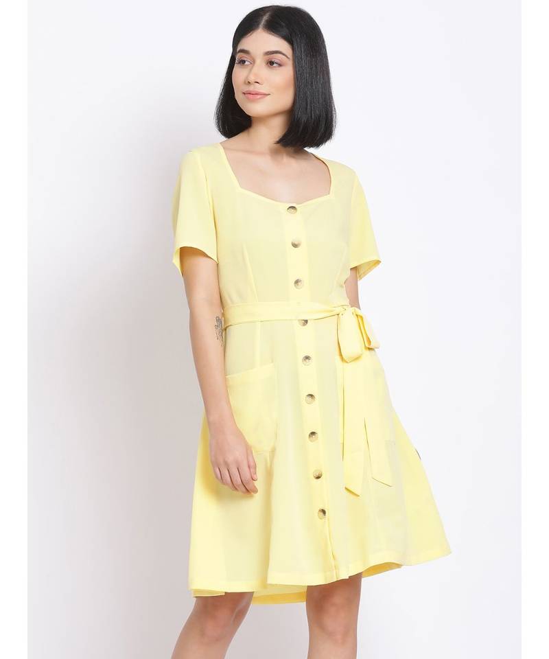 plain Yellow Polyester   Dress