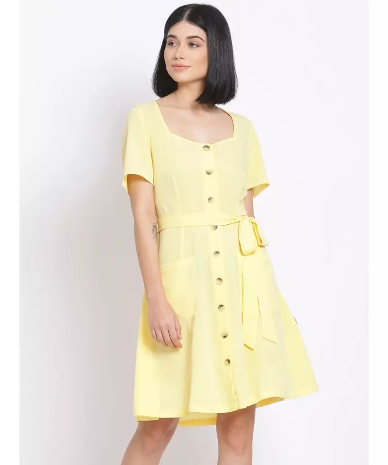 plain Yellow Polyester   Dress