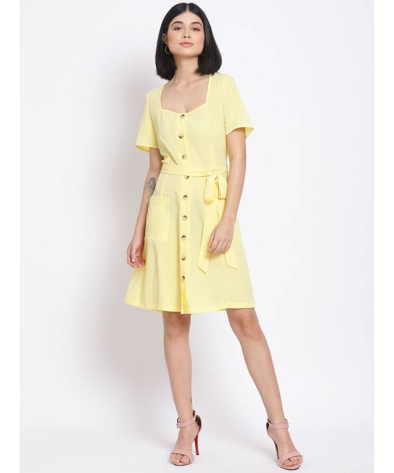 plain Yellow Polyester   Dress