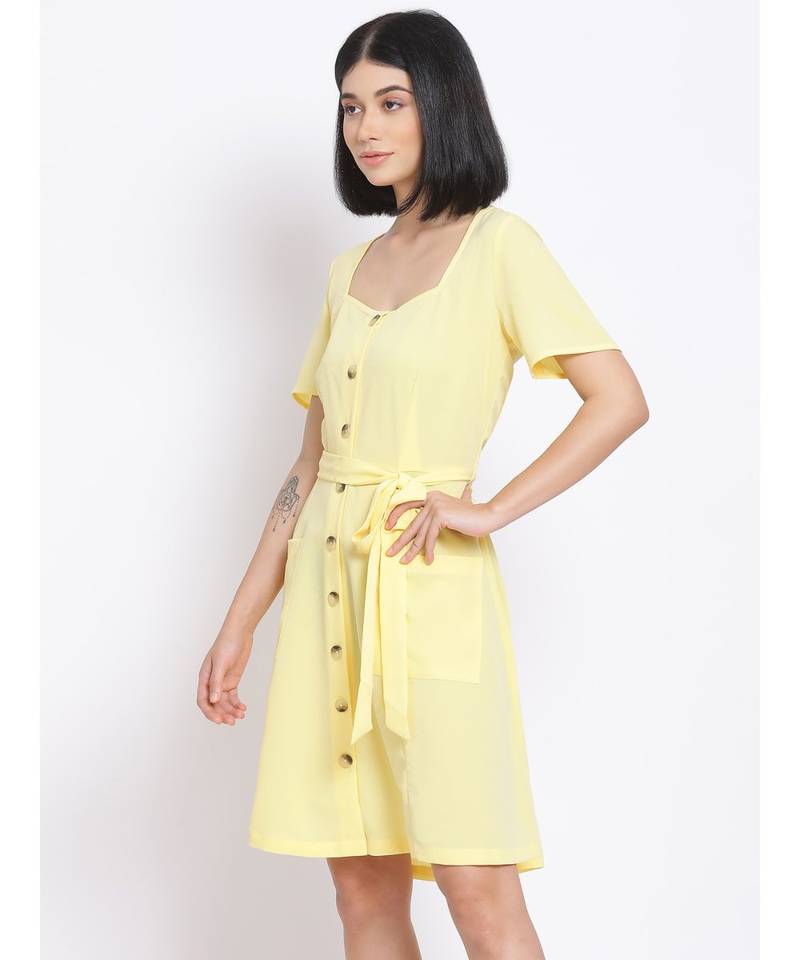plain Yellow Polyester   Dress