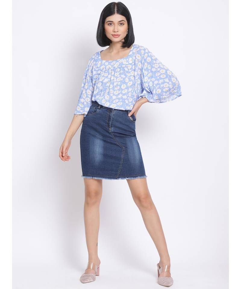 printed Blue Viscose   Top